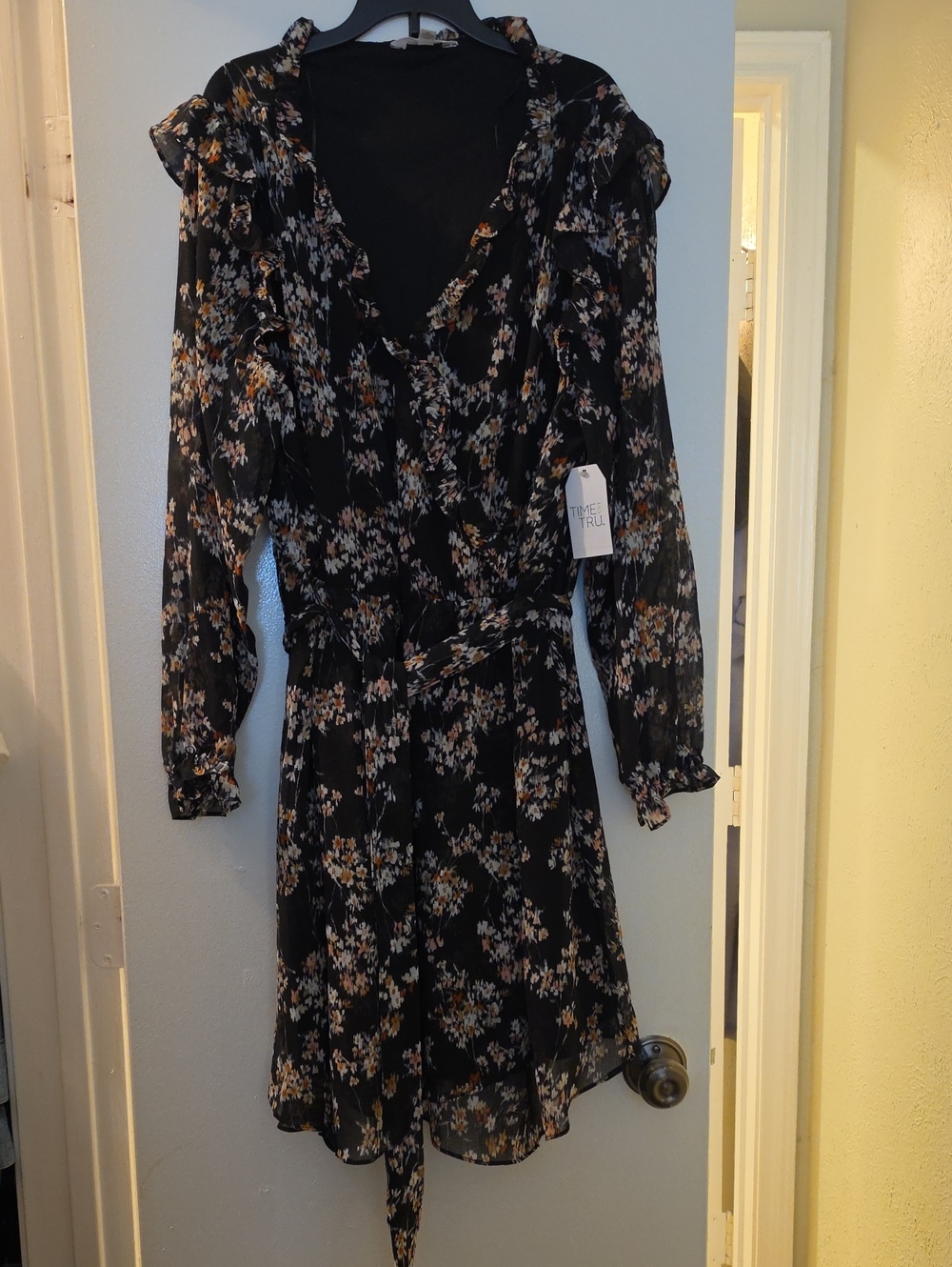 Time and Tru Black Floral Ruffle Wrap Dress with Pink & Tan Accents